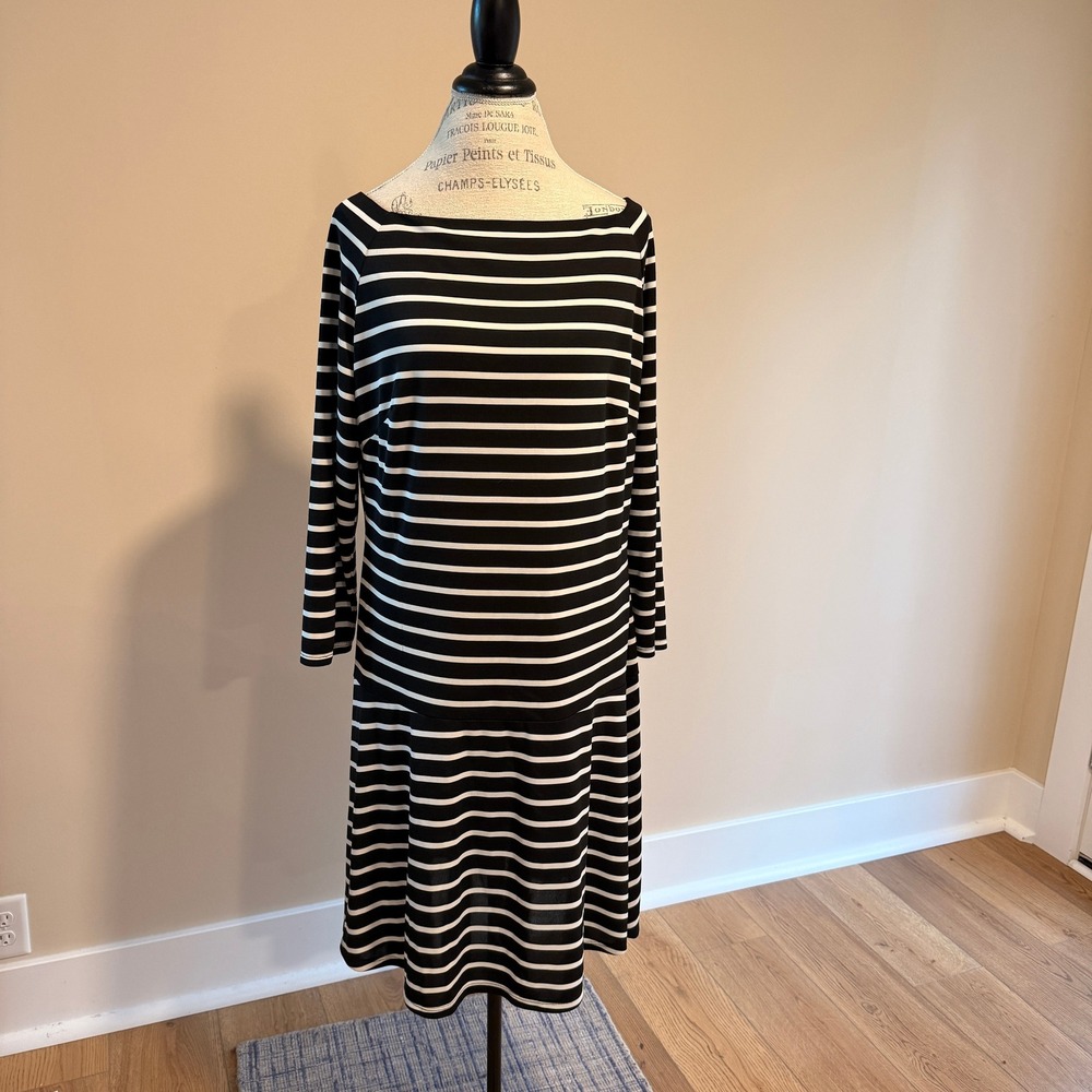 Lauren Ralph Lauren Women's Black/White Striped Dropped Waist Dress Size 18 NWT